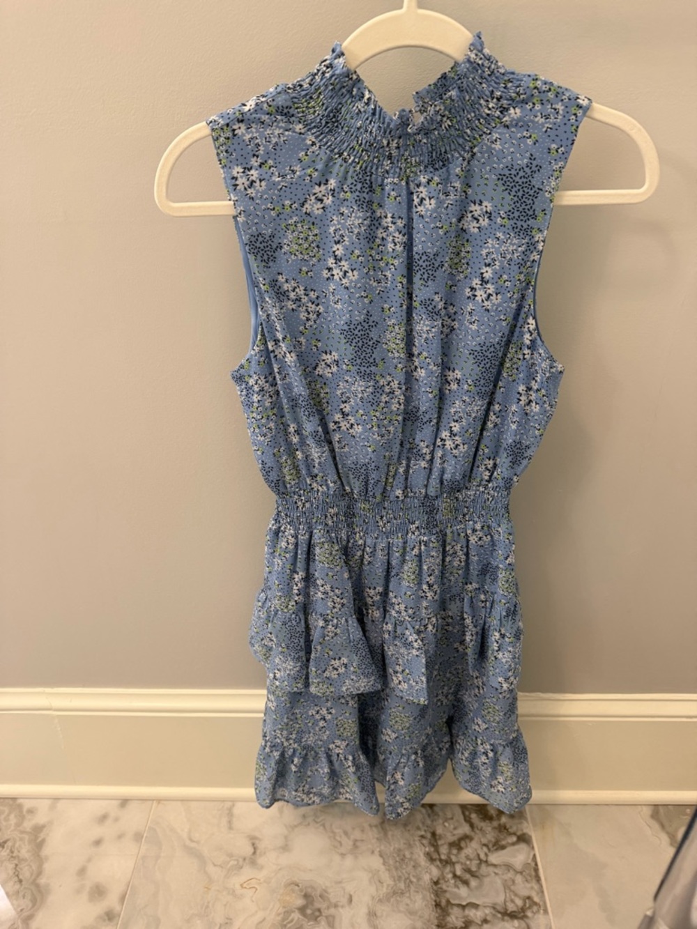 BCBG Blue Floral Sleeveless Smocked Neck Dress